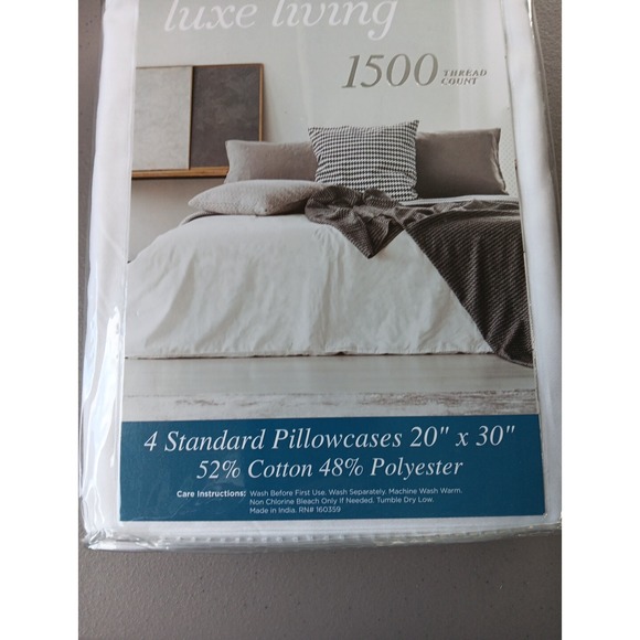 Luxe Living Set of 4 Standard Pillowcases White 1500 Thread Count NEW Bedding - Picture 3 of 4